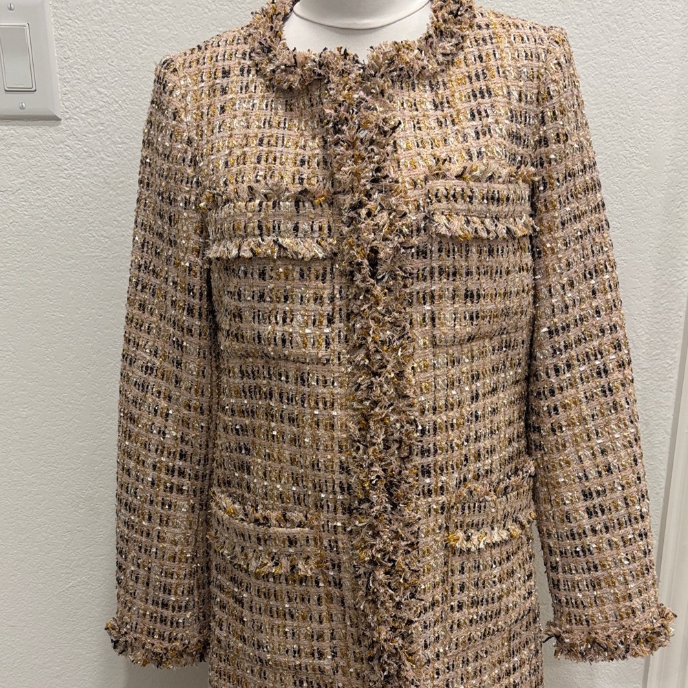 Mac Duggal Bouclé Tweed Duster Coat Metallic Fringe Trim XS NWT - Picture 3 of 8